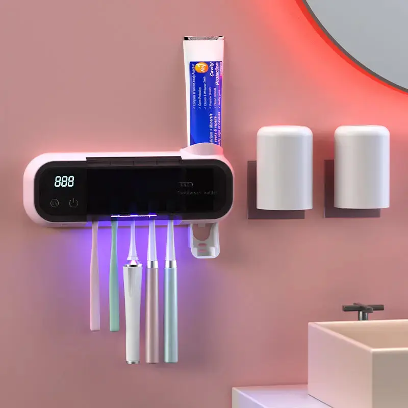 UV Sterilizing Tooth Cup No-Drill Toothbrush Sterilizer With Electric Drying Storage Rack For Organization
