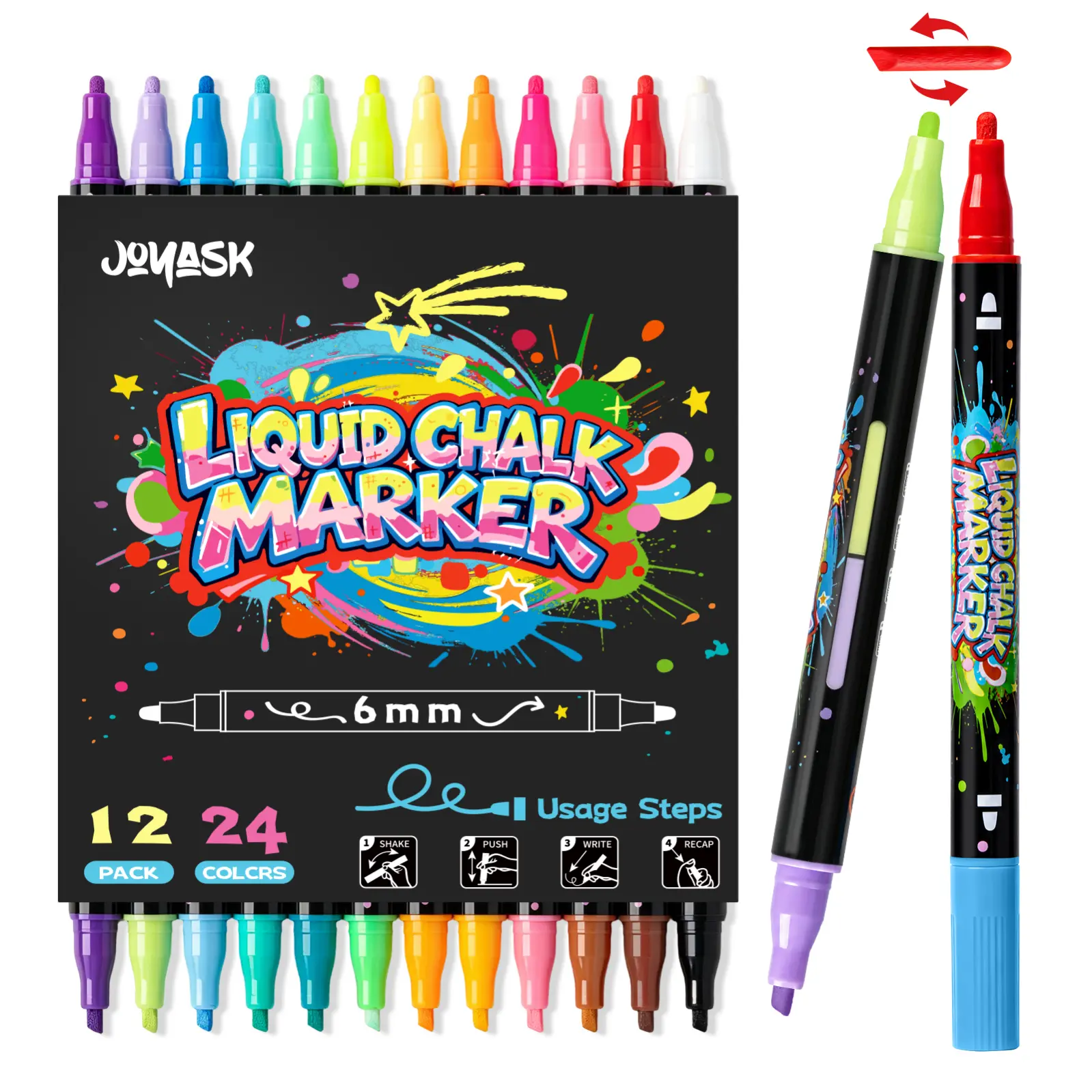 24 Colors 12 Pack Dual Tip Liquid Chalk Markers, 6mm Reversible Tip, Liquid Chalk Pens with Chisel&Bullet Tips, Erasable Dry Erase Markers for Chalkboard, Blackboard, Bistro, Cars, Wedding Signs