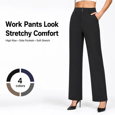 FireSwan Women's High Waisted Wide Leg High Stretch 80% Polyester 20% Spandex Knit Plus Size Bottoms with Pockets - Basic Solid Business Casual Office H-Type Slacks for Fall, Back to School