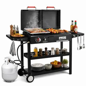 BESTFIRE Dual Fuel Propane Gas and Charcoal Grill Combo – Versatile Flat Top BBQ Grill with Dual Lids 2 Side Shelves & Free BBQ Gloves for Outdoor Cooking Backyard Party & Home Grilling tiktokshopspringglowup barbecue High Pressure picnic cooker frying