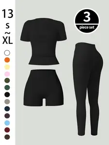 3-Piece Women's Solid Set, Round Neck Sport T-Shirt + High Waist Elastic Workout Pants, Training, Casual Summer Sports Wear