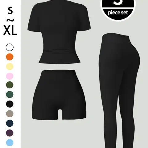3-Piece Women's Solid Set, Round Neck Sport T-Shirt + High Waist Elastic Workout Pants, Training, Casual Summer Sports Wear, Fitness Gym Workout Sets Sportswear Set, Women Workout Clothes
