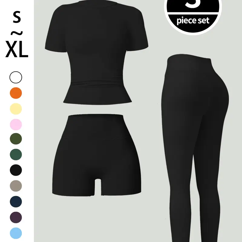 3-Piece Women's Solid Set, Round Neck Sport T-Shirt + High Waist Elastic Workout Pants, Training, Casual Summer Sports Wear, Fitness Gym Workout Sets Sportswear Set, Women Workout Clothes