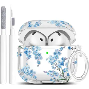 Case for AirPods 4 - Clear Case Cover Floral Print Skin Women Girls Cleaner Tool for Apple Airpods 4th 2024 - Flower Blue