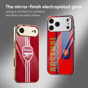Famous Team A-Arsenal Phone Case Electroplated Metal Frame Case for iPhone 17 16 15 14 13 12 Pro Max Plus, Mirror Tempered Glass Back Phone Cover, Shockproof Anti Scratch Slim Luxury Protective Case, Matte Finish Camera Protection Trendy