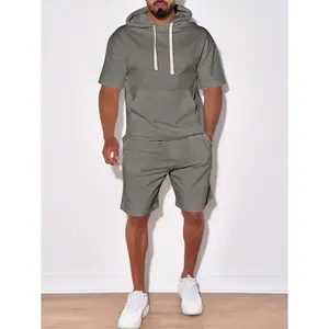 2-piece Solid Color Hoodie Outfit, Men's Casual Short Sleeve Sweatshirt And Shorts Set For Spring And Summer Daily Wear