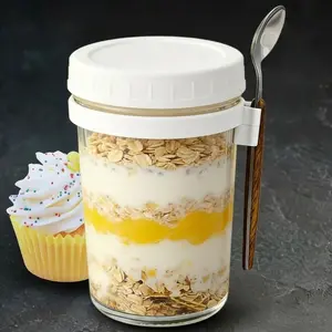 Overnight Oats Jar, 350ml Oatmeal Cups with Spoon and Lid, 16 Oz Leakproof Glass Oatmeal Container for Meal Prep & Yogurt, Breakfast Oats Cup with Measurement Markings On-the-Go(White)
