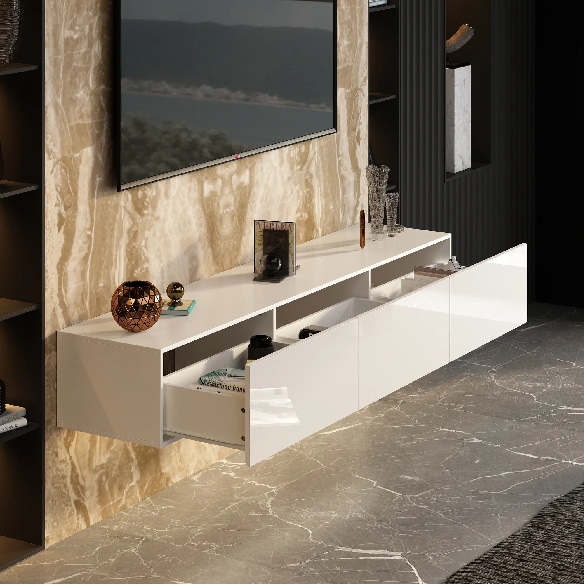 FUFU&GAGA Minimal Floating LED TV Stand for TVs up to 70", Wall-Mounted Wood Furniture with Glossy Surface, 44-Color LED Lights, 3 Drawers, Interior Cabinet & Multimedia Centre for Living Room, Cabinet Tv Stands & Multimedia Centres