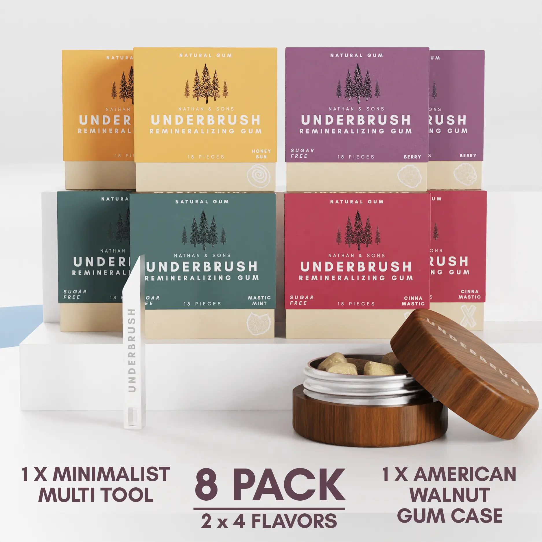 Underbrush Gum 8-Pack Bundle | All Flavors + Walnut Case & Multi Tool