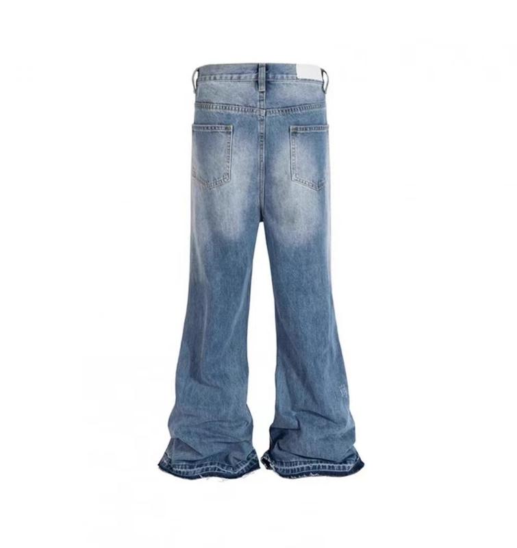 New Men Holes Loose Regular Fit Jeans Trousers Solid Stylish Men's Streetwear Ripped Distressed Straight Denim Pants