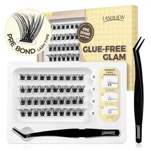 Self Adhesive Lash Clusters Eyelashes,Press-on Lashes 10-16mm Individual Lash Extension Kit with Lash Tweezers,No Glue Needed Natural Self Adhesive DIY Eyelash Extension Kit (56D 48PC)