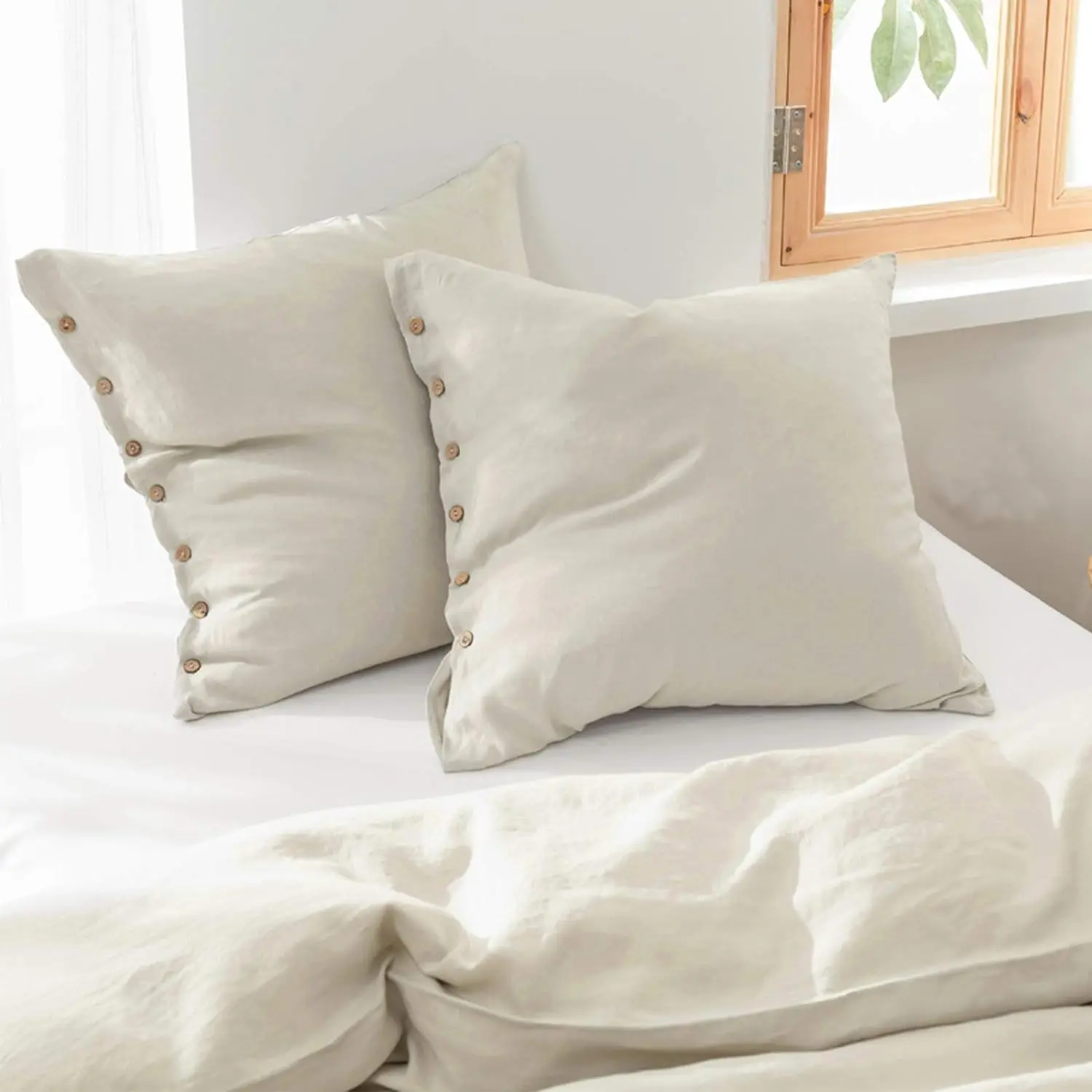 Simple&Opulence 100% Washed Linen 2-Piece Euro Sham Cover Set, 26x26in Decorative Bed Pillow Cover with Coconut Button, Solid Color, Fade Resistant, Gentle Cycle Wash Under 60℃, for Bedroom Decor & Home Interiors
