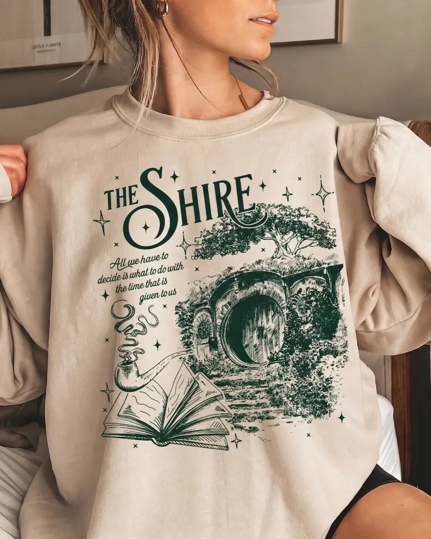 The Shire Sweatshirt, Fantasy Book Lover Crewneck, Reader Pullover, Hobbit Door Graphic Top, Cozy Literary Gift