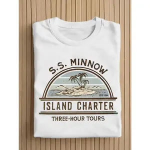 Vintage SS MINNOW Island Rental Pattern Men'S T-Shirt, With "Three-Hour Tour ESTD 1964" Print, Retro Desert Island Palm Tree Ocean Design, Casual Crew Neck, Summer Short Sleeve