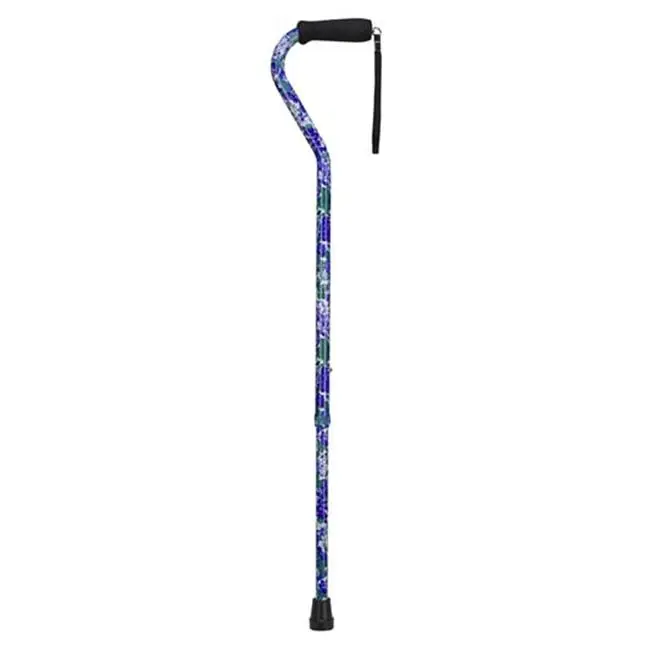 Mabis Unisex Lightweight Adjustable Designer Walking Aid Cane - Offset Handle, Purple Flower Foam Grip, Aluminum Tube, Rubber Slip-Proof Tip, Security Feature
