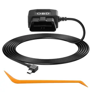 OBD Power  for Dash Camera, OBD to Mini USB OBD Adapter Hardwire Charger  24 Hours /Acc Mode with Low  Protection 12-24V to 5V 3A (11.5FT) (Left Angle mini USB)