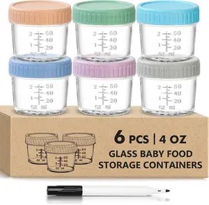 6 Pack Glass Baby Food Storage Containers - 4 Oz Baby Food Jars with Lids Baby Food Maker Microwave Dishwasher Freezer Safe 100% Leak Proof BPA Free Reusable