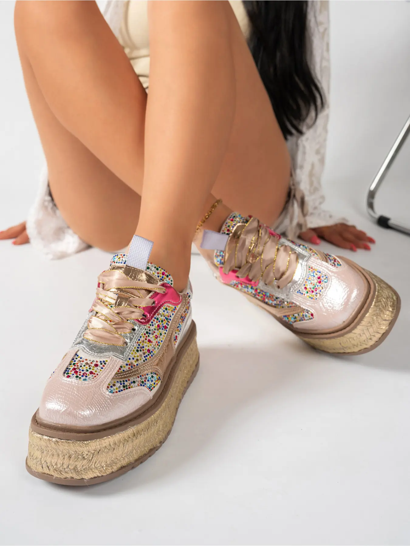 Women's Thick Sole Platform Sneakers, Comfy Multicolor Rhinestone Metallic Espadrille Shoes for Daily Wear