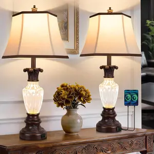 GALENTAL 28.5" Table Lamps Set of 2, Nightstand Lamps with USB Ports, Farmhouse Lamps for Living Room Bedroom, 3-Color Temperatures Bedside Lamp, Vintage Resin White lamp with Nightlight, Bulbs Included