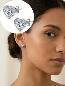Sparkling Cubic Zirconia Heart Stud Earrings, Silver Color &, Fashion Jewelry for Daily Wear, Party, Wedding, Valentine's Day Gift