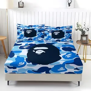 3Pcs Monochromatic Blue Camo Fitted Sheet Set, Stylish Bedding Set with Iconic Ape Head Design,Perfect for Trendy Bedroom Decor and Ultimate Comfort, Includes 2 Pillowcases, No Pillow Core