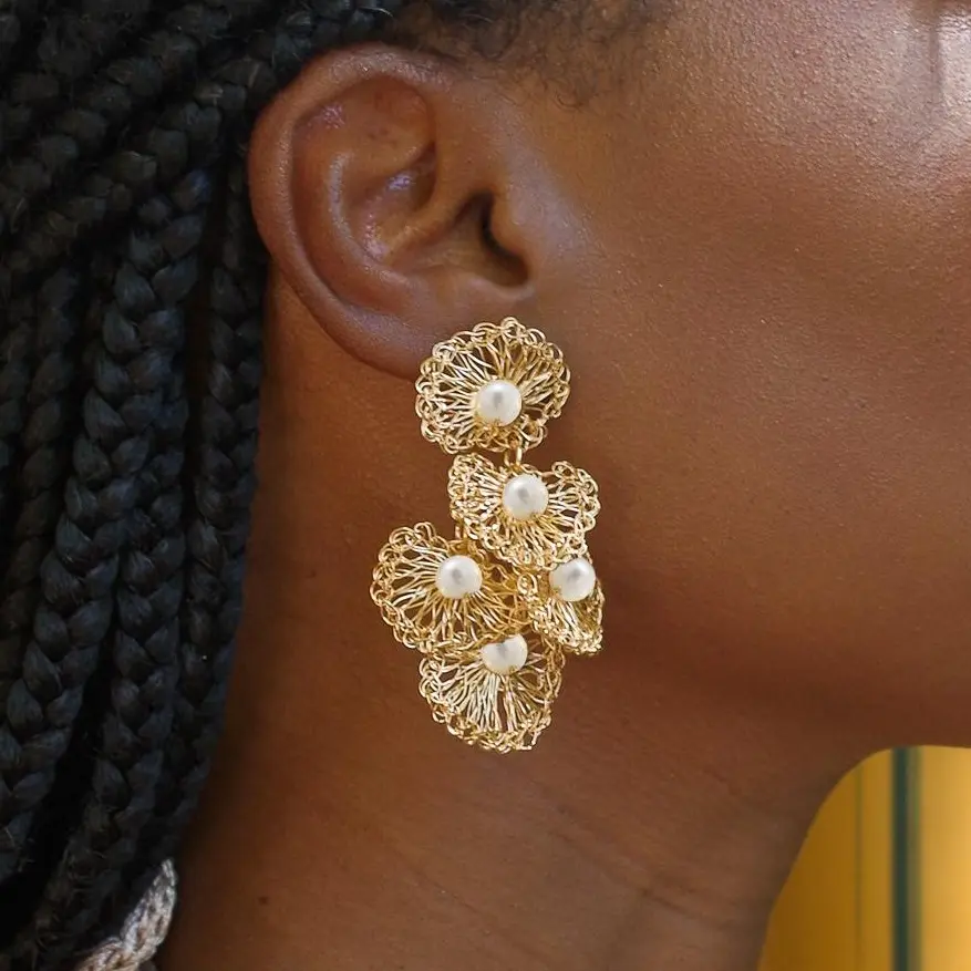 Multi layered Shell Crochet Earrings With Pearls - Long dangle earrings with pearls