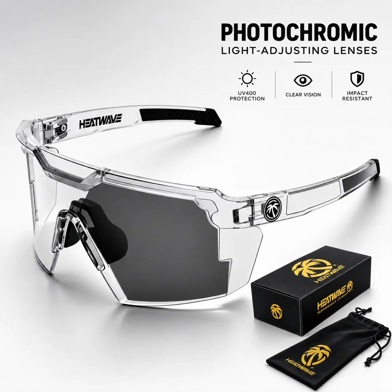 HEATWAVE Upgraded Photochromic Sports Sunglasses – UV400 Protection, Z87+ Impact Resistant Cycling Glasses for Men & Women