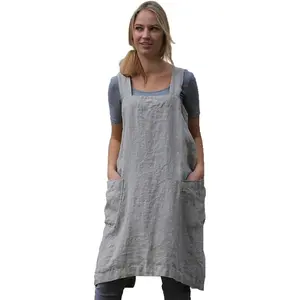 Women's Pinafore Square Apron Baking Cooking Cross Back Cotton/Linen Blend Dress with 2 Pockets
