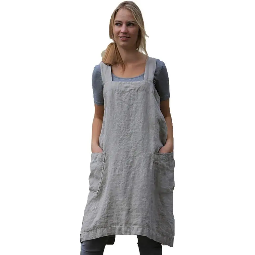 Women's Casual Cotton-Linen Blend Square Pinafore Apron - Kitchen Aprons with 2 Pockets, Adjustable Cross Back, Waterproof, for Baking, Cooking, Aprons With Pockets
