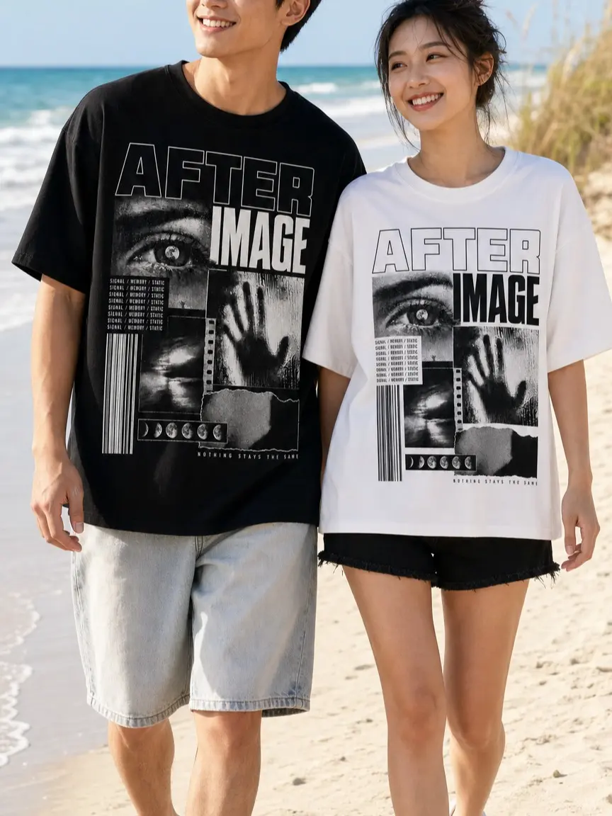 Afterimage Vintage Graphic T-Shirt, Unisex Oversized Black and White Streetwear Tee, Retro Photo Collage Crewneck Short Sleeve Shirt
