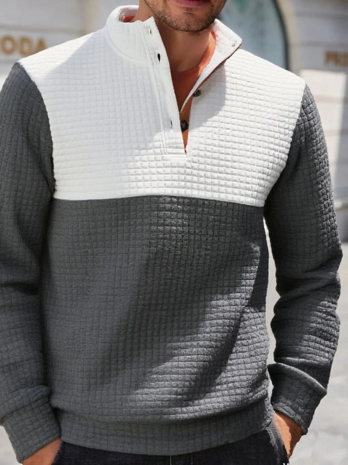 Men's Vintage Waffle Texture Sweatshirt, Patchwork Color Block Button Front, Casual Long Sleeve Top for Spring & Fall