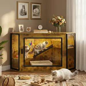Eyisean 48" Hidden Corner Cat Litter Box Cabinet, Modern Kitty Litter Box Enclosure Furniture with Acrylic Door & LED, Small Space Wood Cat House with Playground & Stair, Side Table for Living Room