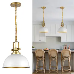 Modern White and Gold Pendant Lights,11.8" Vintage White Gold Pendant Light Fixtures Iron Dome Lighting Hanging Ceiling for Kitchen Island Dining Room Restaurant Bedroom Farmhouse Entrance
