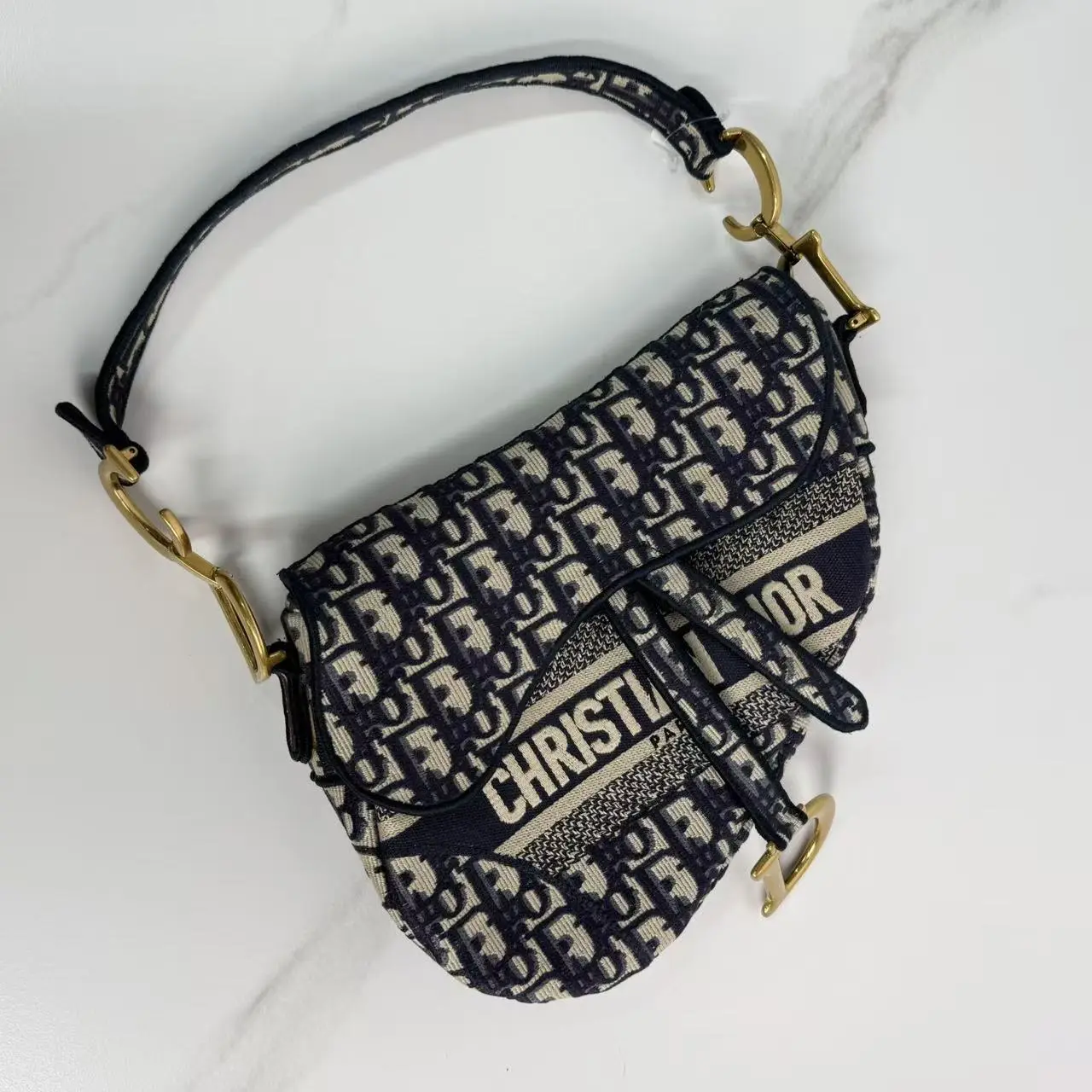 Pre-owned Dior Saddle Bag Navy Blue Oblique Jacquard Canvas Antique Gold Hardware
