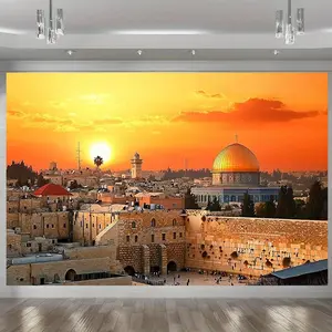 Modern Farmhouse 1pc Jerusalem Sunset Dome of the Rock Party Banner Vibrant Amber Glow Polyester Backdrop with Iconic Landmarks for Home Room and Wall Decor Perfect for Parties Gifts and Photo Props D Ornaments