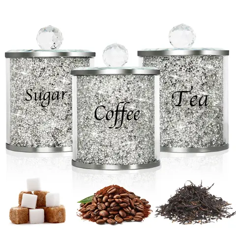 3-Pack Silver Crushed Crystal Glass & Steel Kitchen Canisters (10cm/3.94in x 14cm/5.5in, 34oz) - Bling Kitchen Decor Containers, Coffee & Tea Sugar Storage Jars, Glam Home Organizers for Coffee & Tea Station