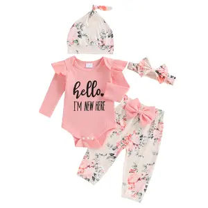 Hello I'm New Here Newborn Baby Girl Clothes Outfits Rib Knit Bodysuit Romper Floral Pants Headband Hat Coming Home Outfit