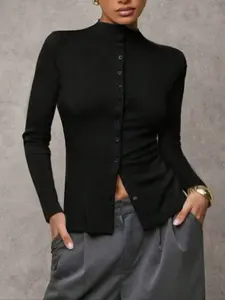 Women's Fall New Half High Neck Cardigan Slim Fit Long Sleeve Top, Simple Fashion Comfort Versatile Piece, Stylish Casual Wear Knitwear