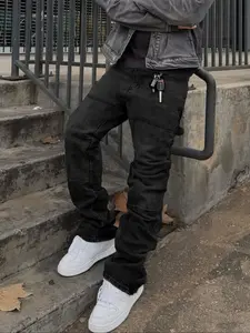 Men's Streetwear Washed Solid Color Elastic Patchwork Slim Fit High-Waisted Korean Style Classic Denim Jeans, Casual Fashion Jeans