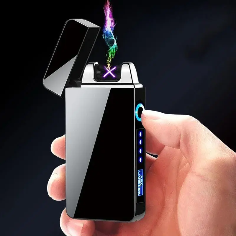 Stainless Steel Metal USB Rechargeable Electric Lighter - Double Arc Plasma Flame, Windproof, LED Power Display, Touch Sensor, LED Light, Outdoor Use, Festive Gifting, Business Black/Matt Black (Battery Not Included, None Accessory Note), Outdoors