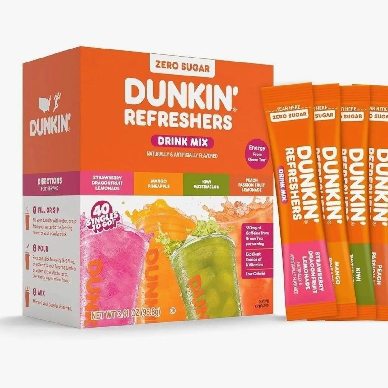 Dunkin’ Zero Sugar Refreshers Singles To Go! Powdered Drink Mix, 40 Ct Variety Pack, Energy from Green Tea, Aspartame-Free, Just Add Water