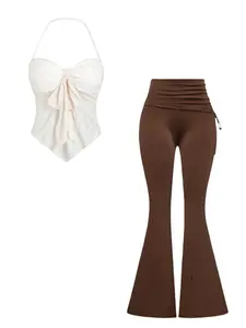 Sexy Lace Halter Top with Bow Front, Slim Fit Casual Solid Color Blouse, Drawstring Flare Pants Two-Piece Set Outfit for Women