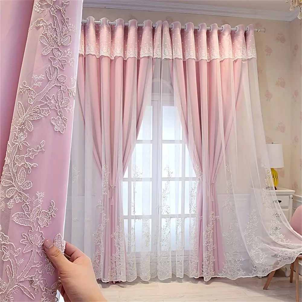 European Full Light Blocking Window Curtain, French Lace Embroidered Sheer Fabric, Luxurious Princess Style, Multi-Color Options, Ideal for Living Room Bedroom