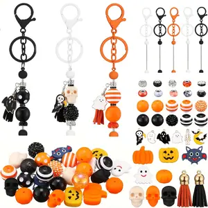 133 piece Halloween Keychain Tassel Set, including 12pcs Beaded Keychain Straps, 12pcs Colorful Tassels, 24pcs Small Keychains 12pcs Open Rings，6pcs Charms and 67pcs Beads,  for DIY Crafts, Pendants, Jewelry Making, Backpack Keychains, Halloween Gift