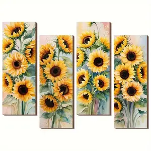 4 Piece Sunflower Pattern Wood Wall Decor, Modern Floral Paintings, Country Farmhouse Style Hanging Plaques, Artistic Fashion Home Art Wall Decoration for Bedroom Dining Room Bar Office