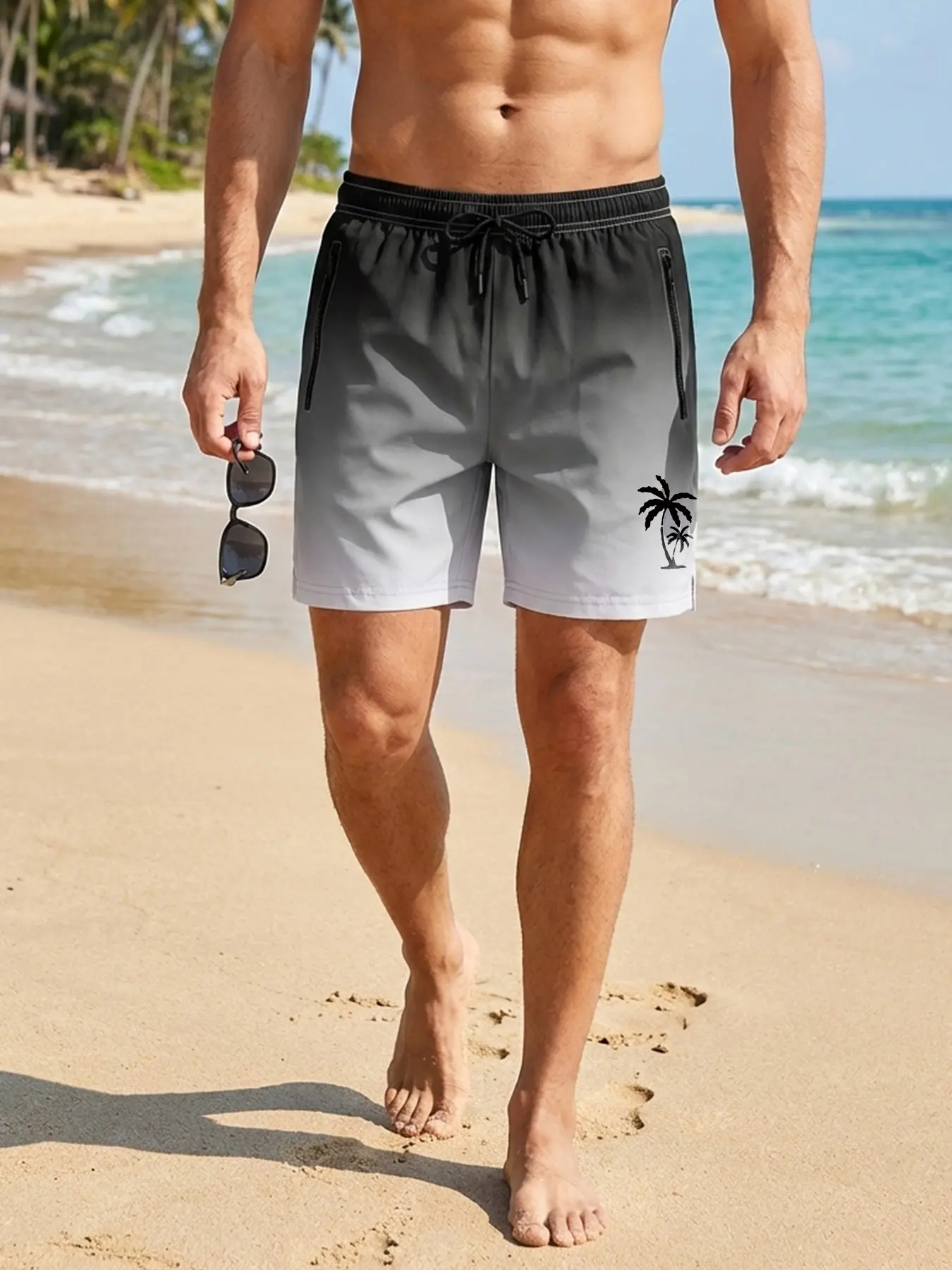 Men's Palm Tree Print Beach Shorts with Triangle Mesh Lining, Summer Casual Quick-Dry Breathable Swim Shorts with Zippered Side Pockets, Drawstring Elastic Waist Swim Trunks, Graphic Swim Trunks, Swimwear Shorts