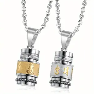 Fashionable and Creative Six Character Mantra Scripture Pattern, Can Open Geometric Circular Pendant, Stainless Steel Men's and Women's Necklace Jewelry