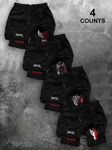 Men's 4-Piece Shorts Set, Summer Fashion Fake Two-Piece Pants, Angel Devil Print Drawstring Basketball Shorts, Sporty Fitted Style, Lightweight Breathable Shorts