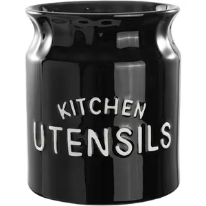 Utensil Holder, Ceramic Farmhouse Kitchen Utensil Holder for Countertop, 6.5" Large Cooking Utensil Crock for Kitchen Counter, Black