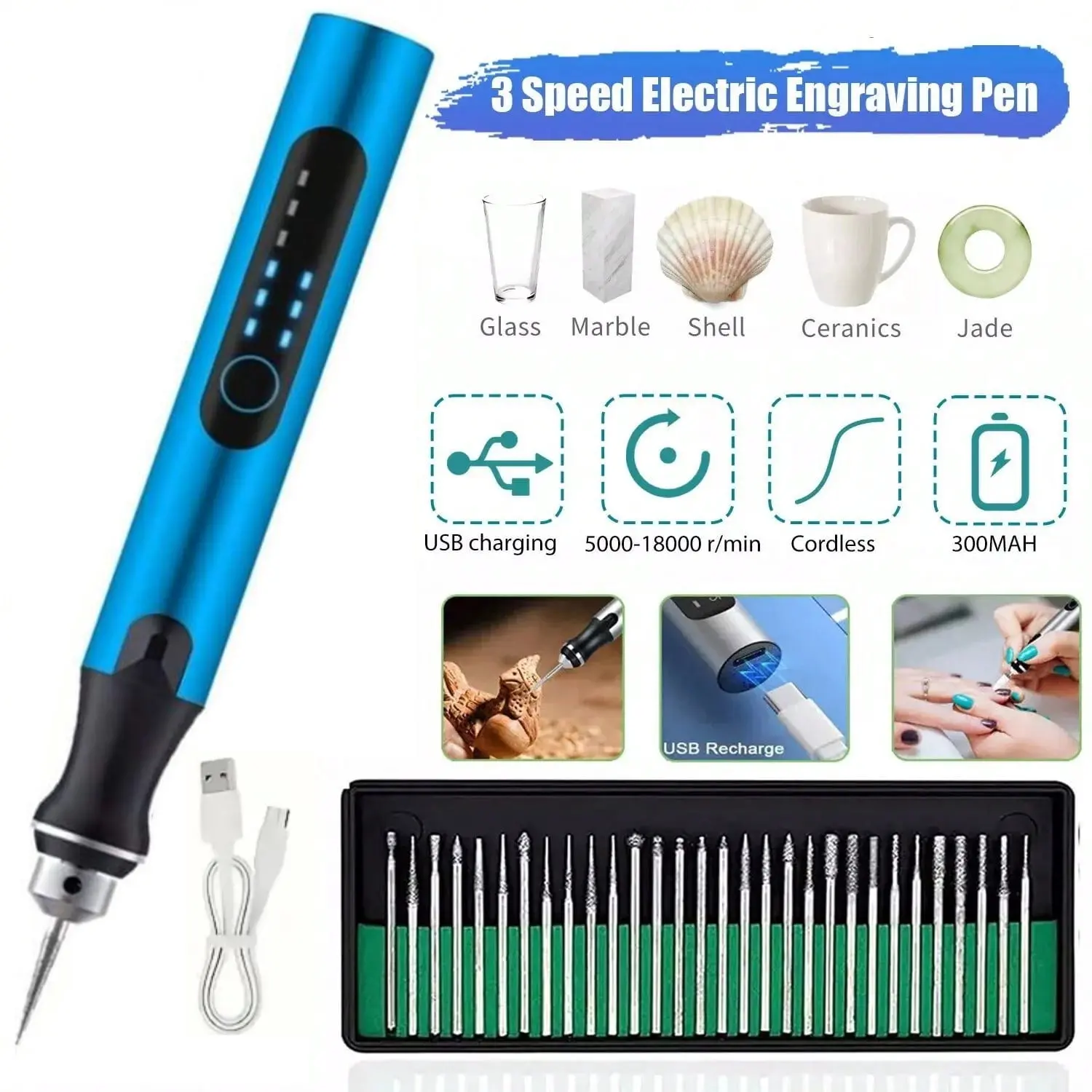 Cordless Electric Engraving Pen 30 Bits Rotary Tool for Metal Wood Glass Jewelry Stone Resin DIY Engraver